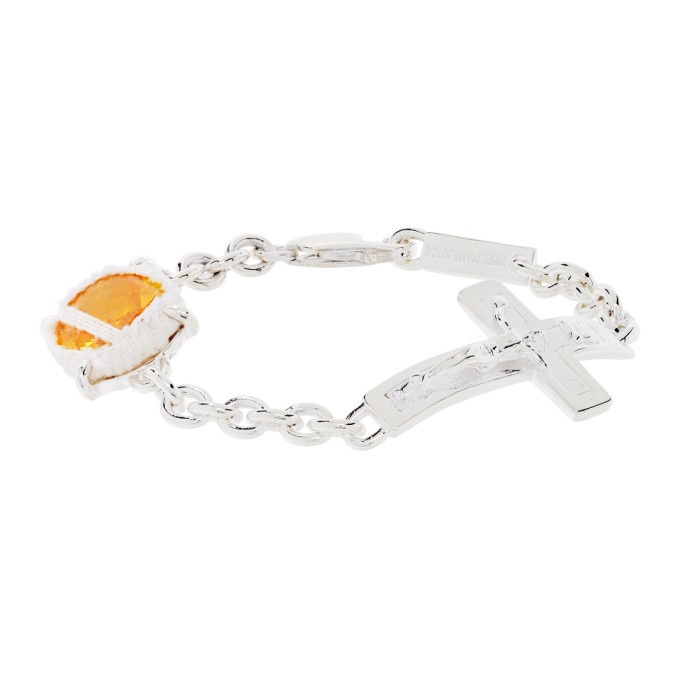 Photo: SWEETLIMEJUICE SSENSE Exclusive Silver and Yellow Denim Oval Crucifix Heavy Bracelet