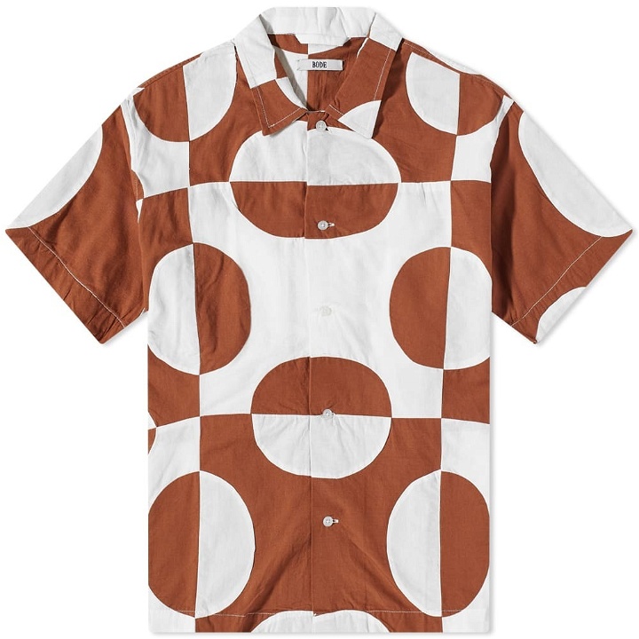 Photo: Bode Men's Duo Oval Patchwork Short Sleeve Shirt in Brown White