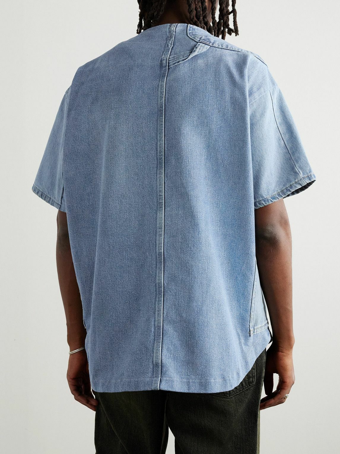 Greg Lauren - Frayed Appliquéd Embroidered Distressed Denim Shirt - Blue