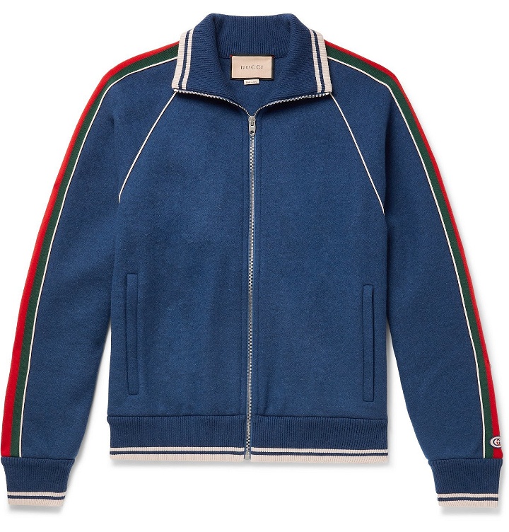 Photo: GUCCI - Logo-Appliquéd Striped Cashmere-Blend Track Jacket - Blue