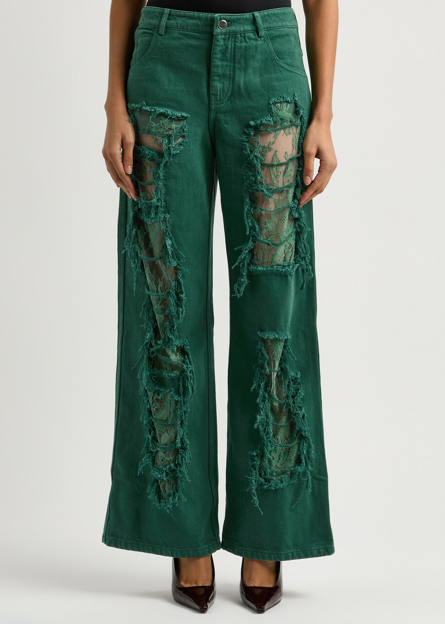 Christopher Esber Arboreal Lace-panelled Wide-leg Jeans Green