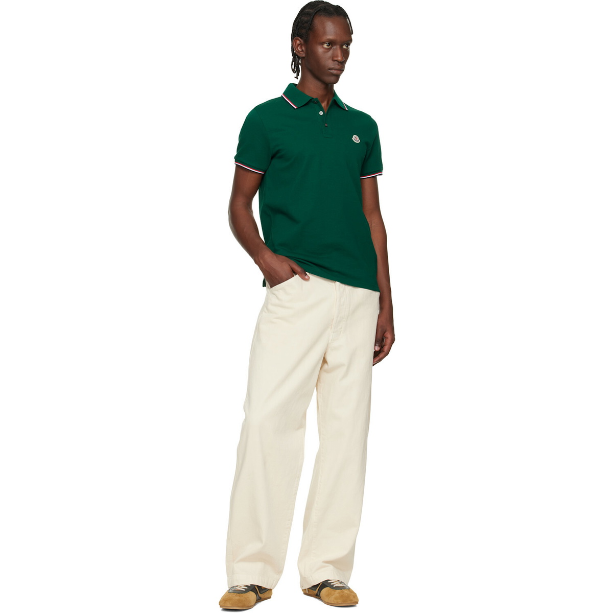 Moncler Green Tricolor-Trimmed Cotton Piquet Polo