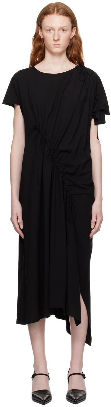 Y's Black Shirring Midi Dress