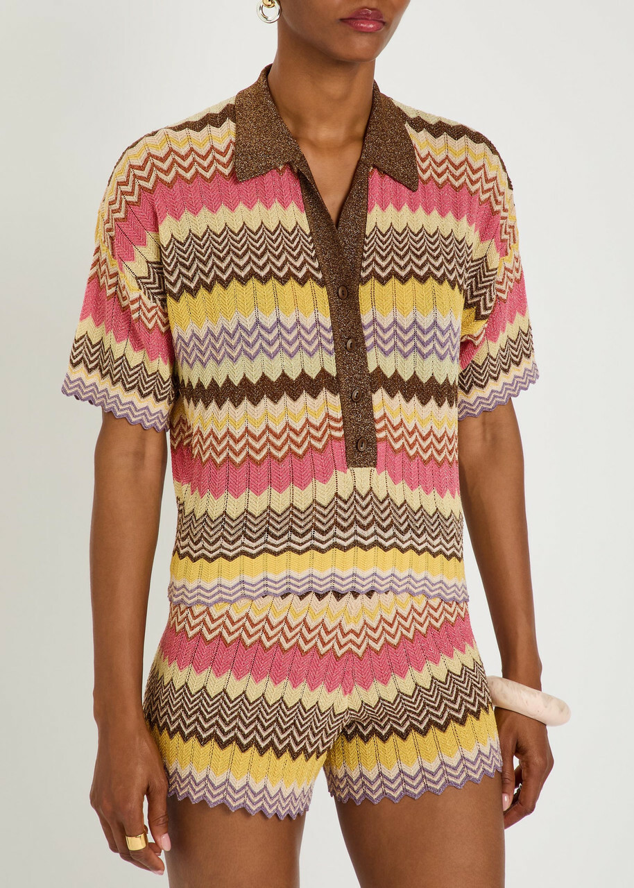Faithfull The Brand Raya Chevron Pointelle Metallic-knit Polo top Stripe