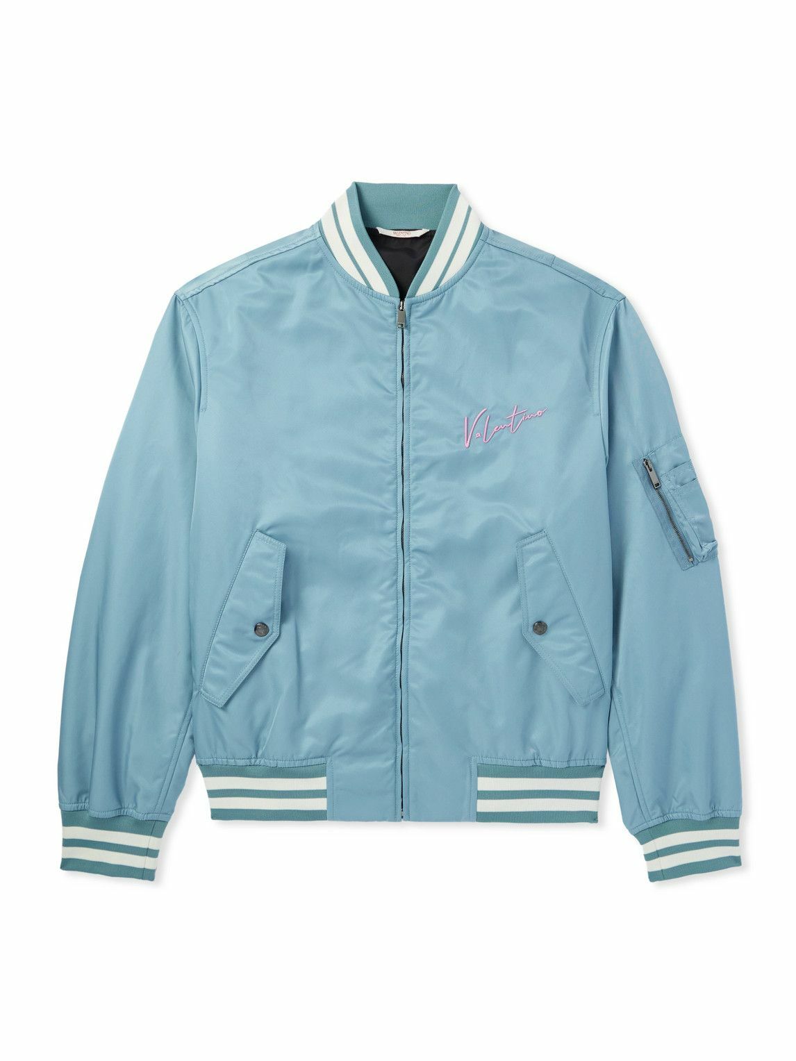 Valentino Garavani - Logo-Embroidered Striped Shell Bomber Jacket - Blue
