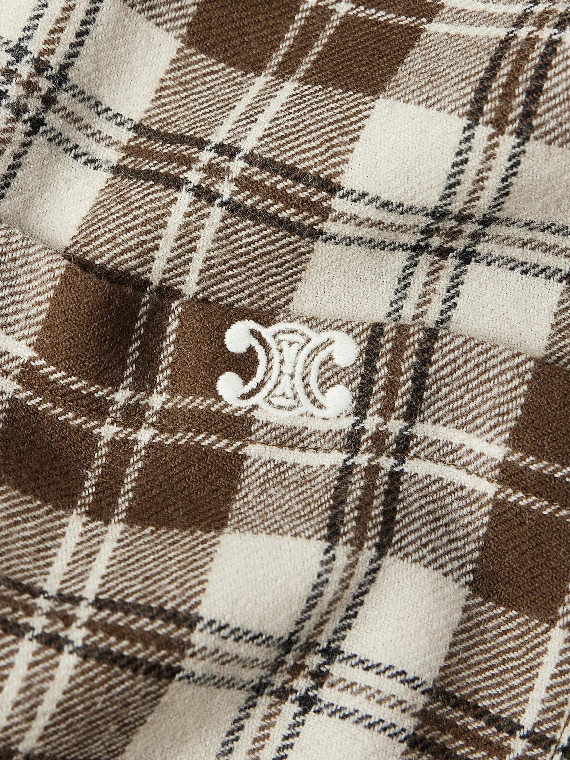 CELINE - Logo-Embroidered Checked Wool-Flannel Shirt - Neutrals