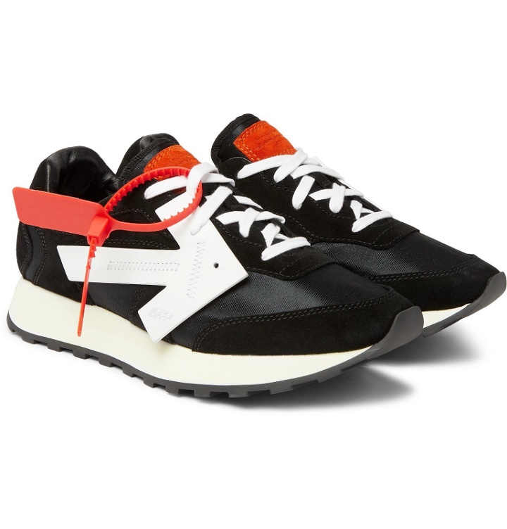 Photo: Off-White - Runner Leather-Trimmed Suede and Shell Sneakers - Black