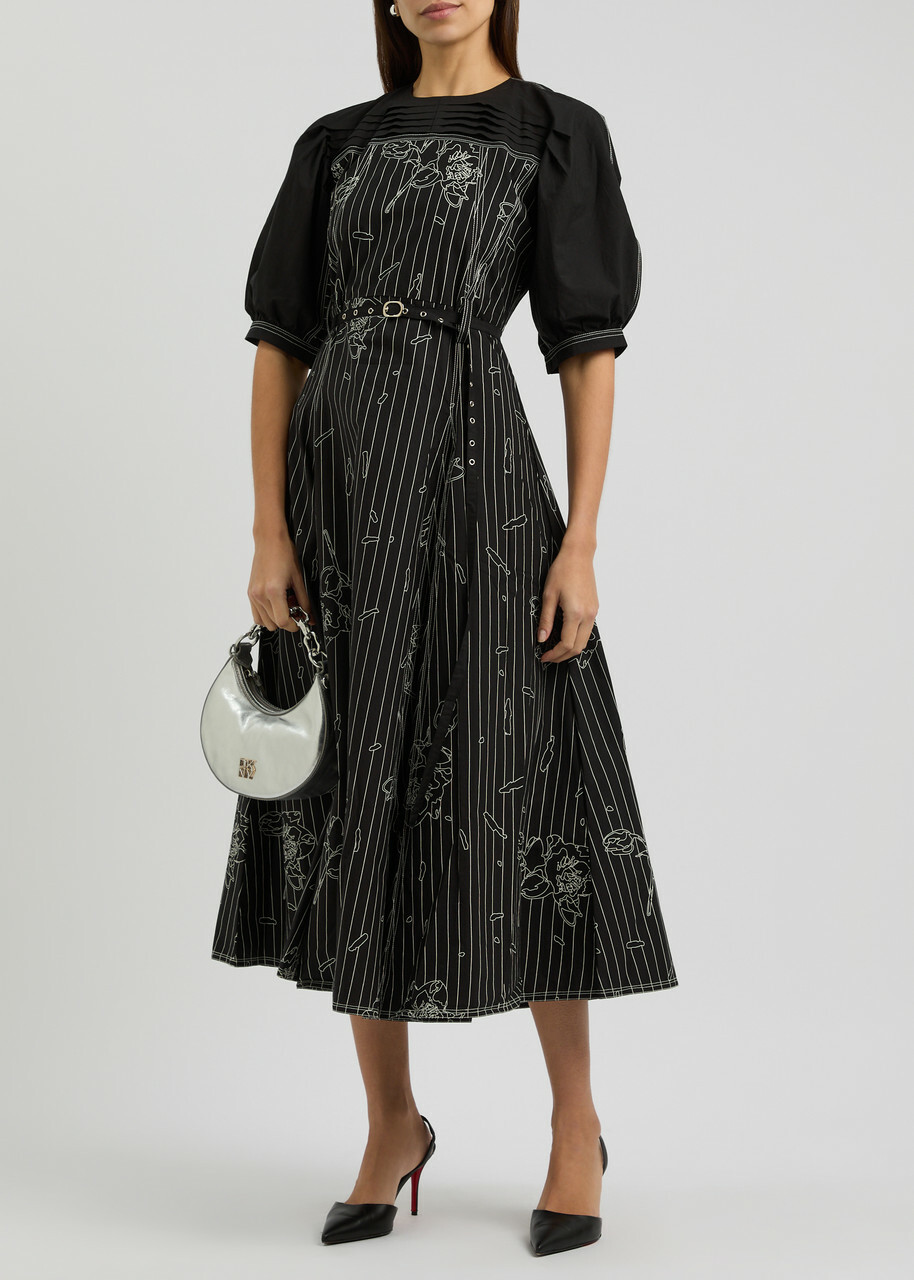 Lovebirds Printed Belted Cotton Midi Dress Black