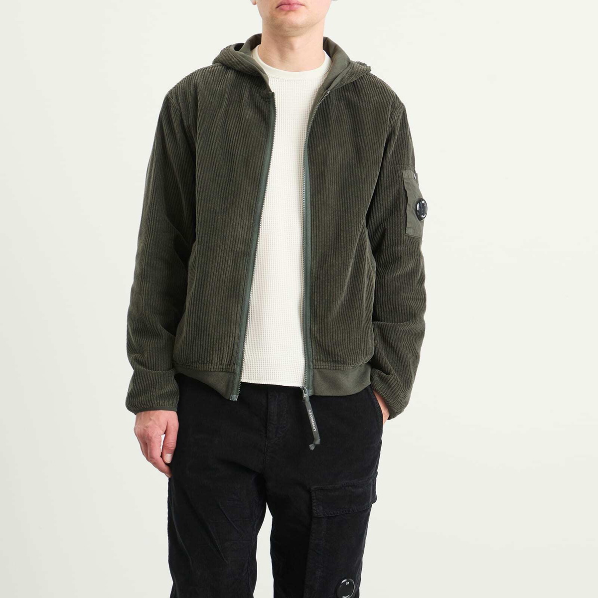 C.P. Company Men's Corduroy Lens Zip Hoodie in Dark Shadow