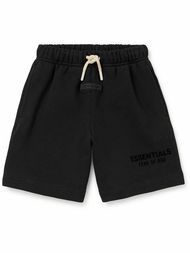 Photo: Fear of God Essentials Kids - Logo-Flocked Cotton-Blend Jersey Drawstring Shorts - Black