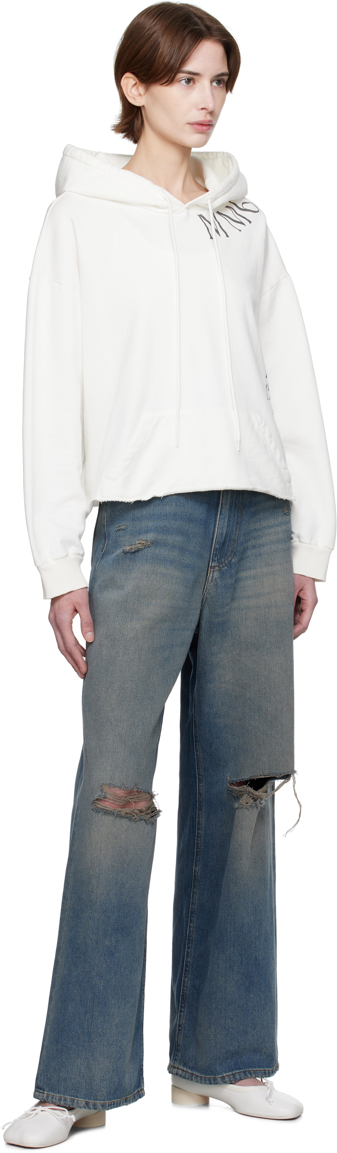 MM6 Maison Margiela White Raw Hem Hand Painted Logo Hoodie