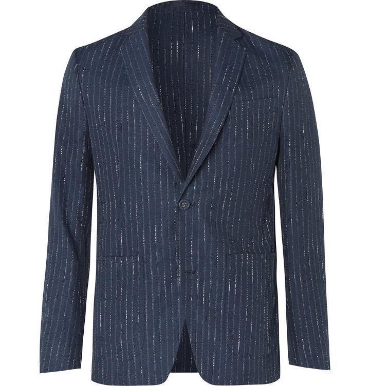 Photo: Officine Generale - Navy Slim-Fit Unstructured Pinstriped Woven Suit Jacket - Blue