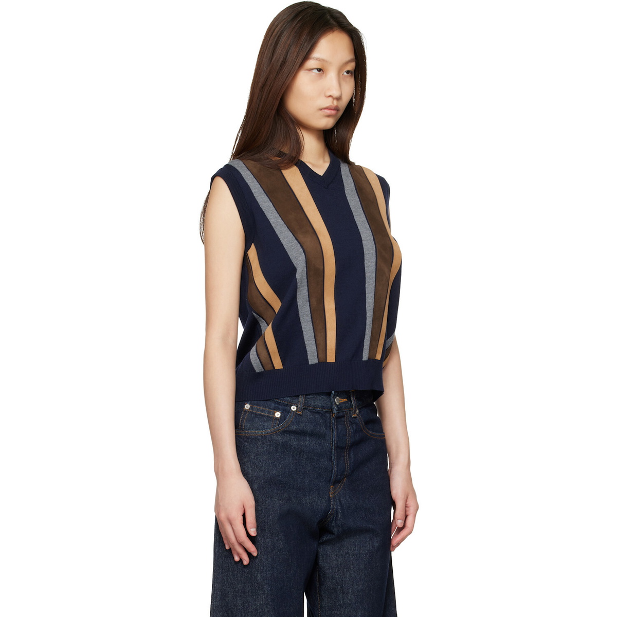 Versace Navy Intarsia-Wool & Leather Patchwork Vest