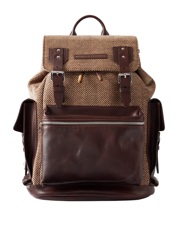 Photo: Brunello Cucinelli - Leather-Trimmed Herringbone Canvas Backpack