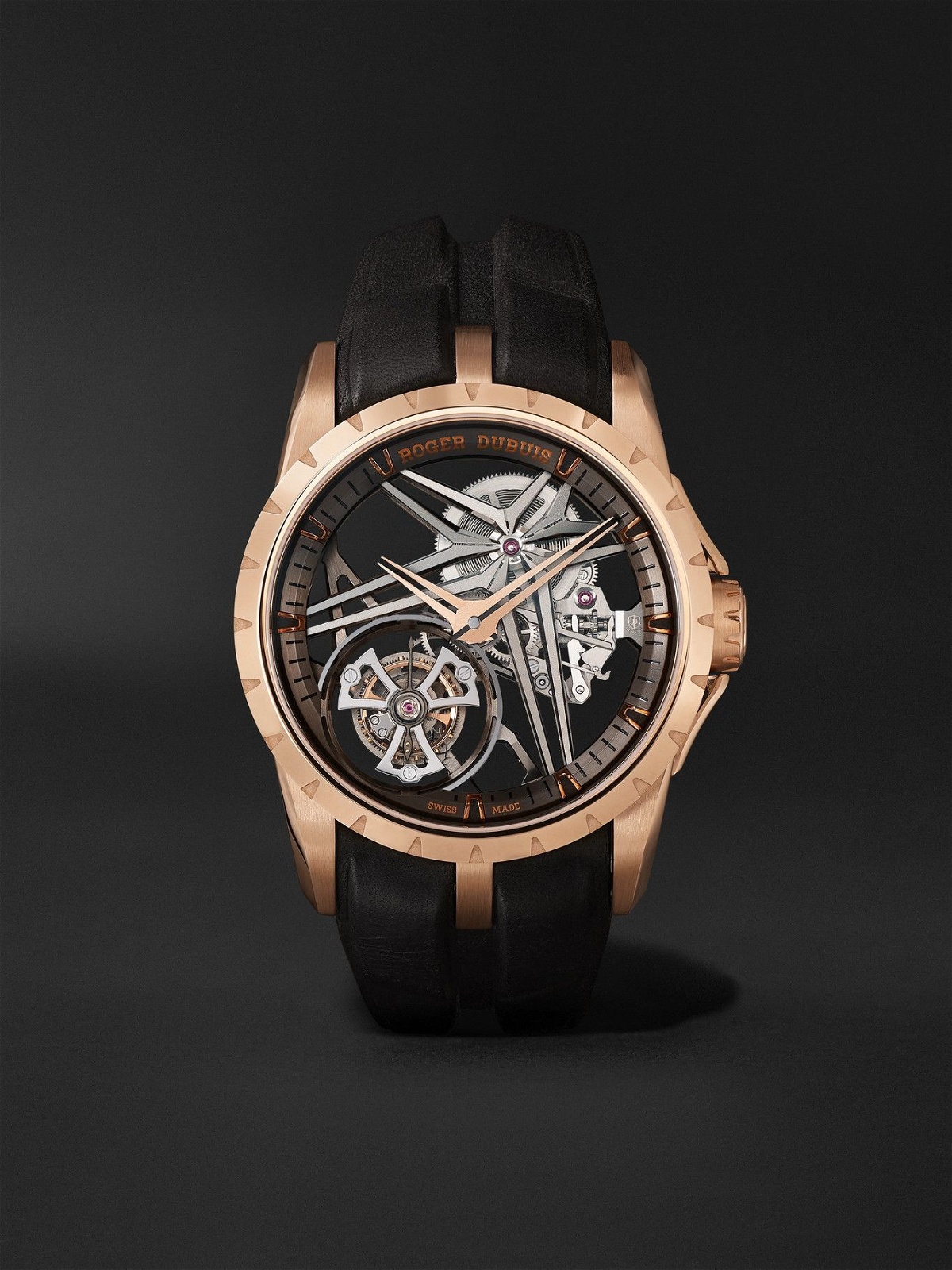 Photo: Roger Dubuis - Excalibur Flying Tourbillon Limited Edition Automatic Skeleton 42mm 18-Karat Pink Gold and Leather Watch, Ref. No. DBEX0836BU22NOV