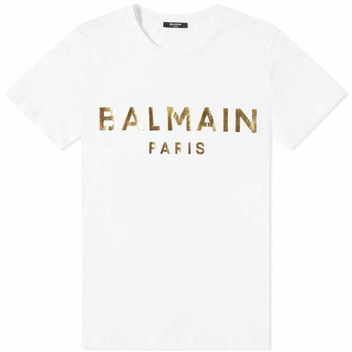 Photo: Balmain Men's Foil Paris Logo T-Shirt in White/Gold