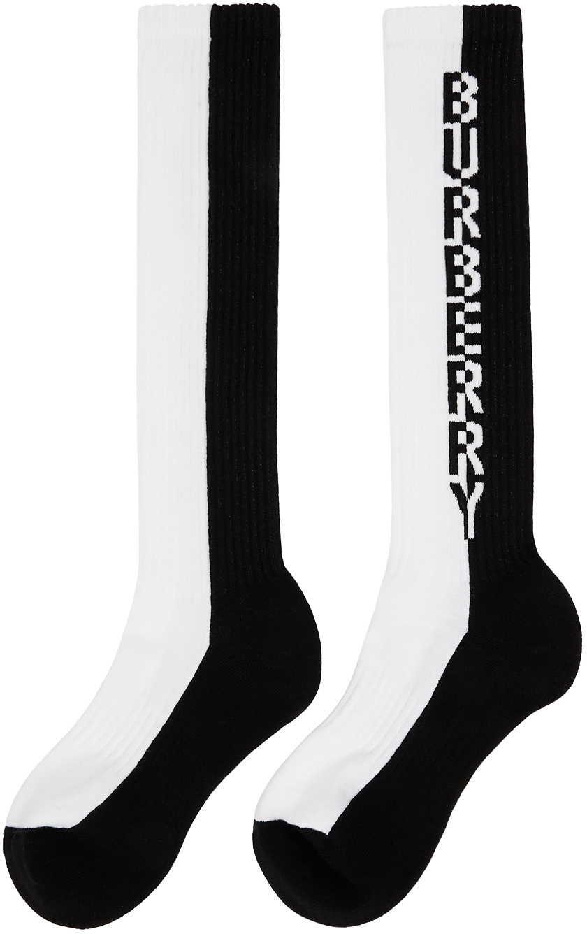 Burberry White & Black Two-Tone Intarsia Logo Knee-High Socks Burberry