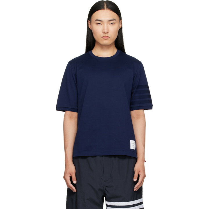 Photo: Thom Browne Navy Jersey Ottoman 4-Bar T-shirt