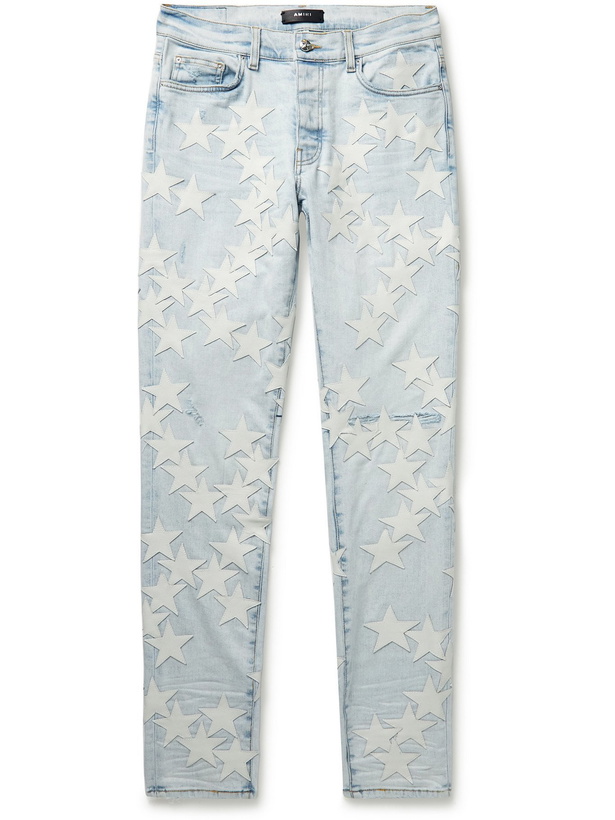 Photo: AMIRI - Chemist Skinny-Fit Leather-Appliquéd Stretch-Denim Jeans - Blue - 34