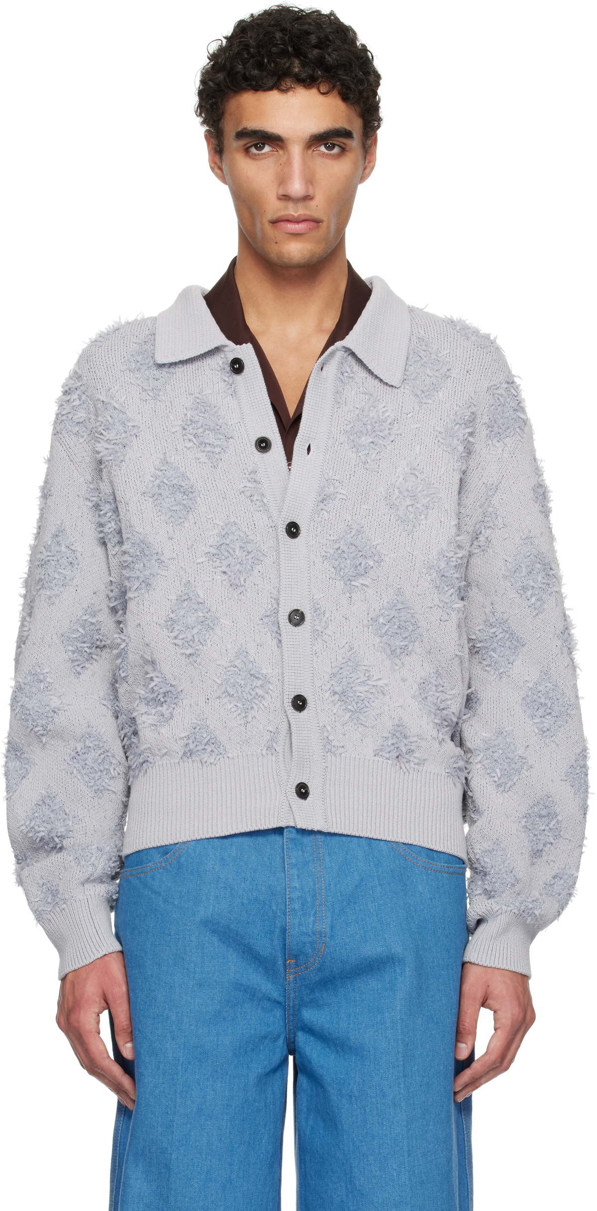 RECTO Gray Fringe Jacquard Knit Cardigan