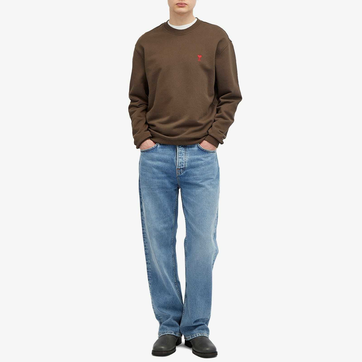 AMI Paris Men's Small A Heart Crew Sweat in Dark Coffee