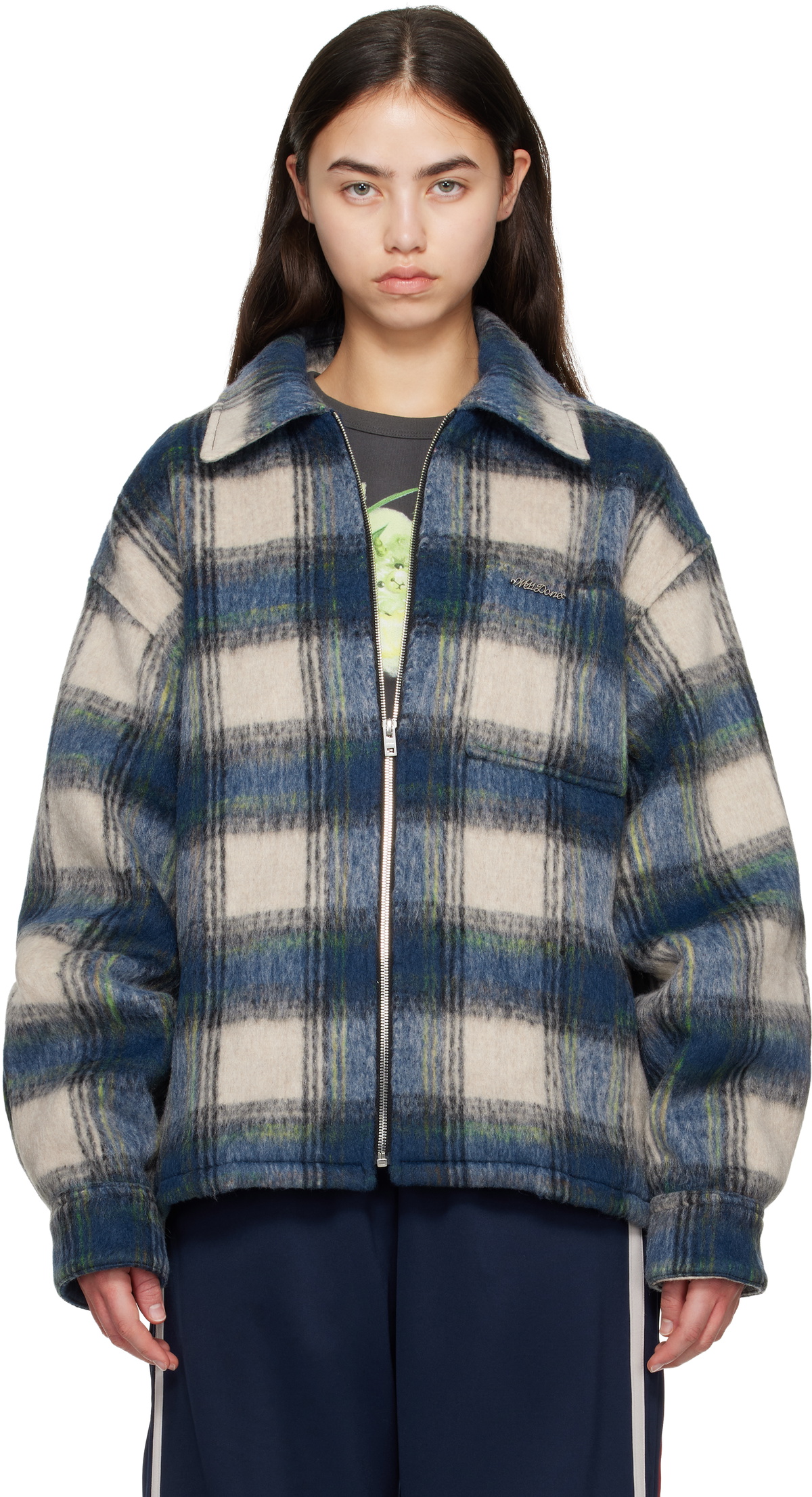 We11done Blue Script Logo Check Shirt Jacket