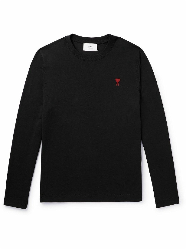 Photo: AMI PARIS - Logo-Embroidered Organic Cotton-Jersey T-Shirt - Black