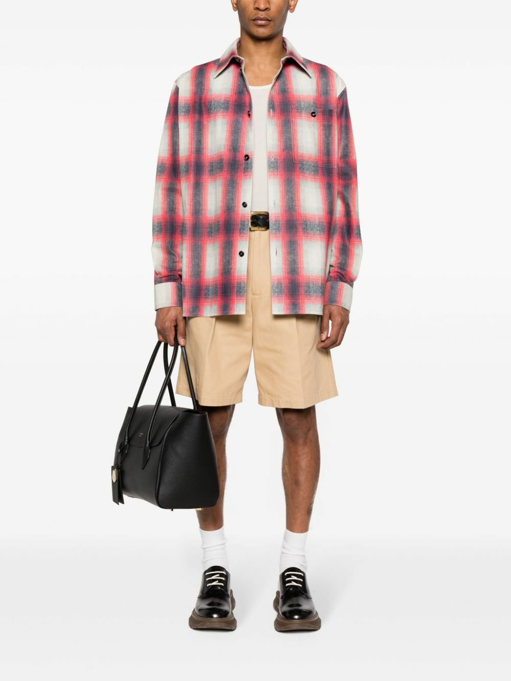 Bottega Veneta Grey Plaid-Check Leather Shirt Bottega Veneta