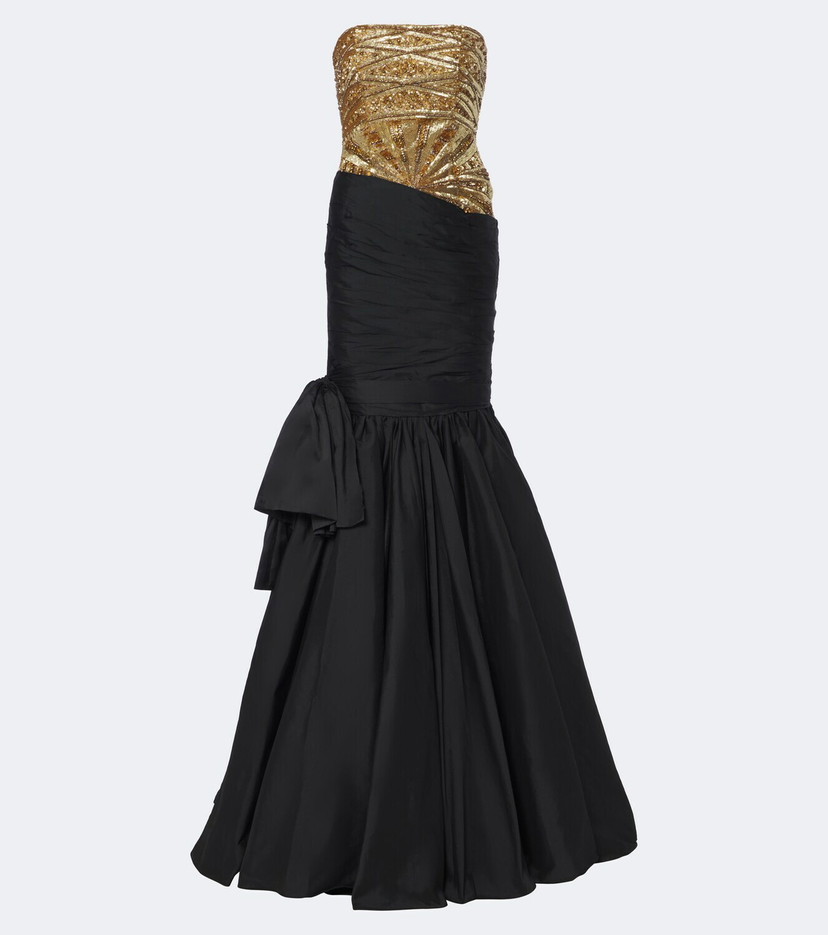 Là Fuori Gilded Geo draped sequined bustier gown