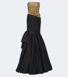 Là Fuori Gilded Geo draped sequined bustier gown