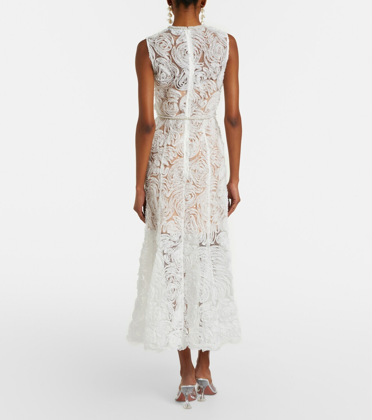 Self-Portrait Embellished lace-trimmed tulle midi dress