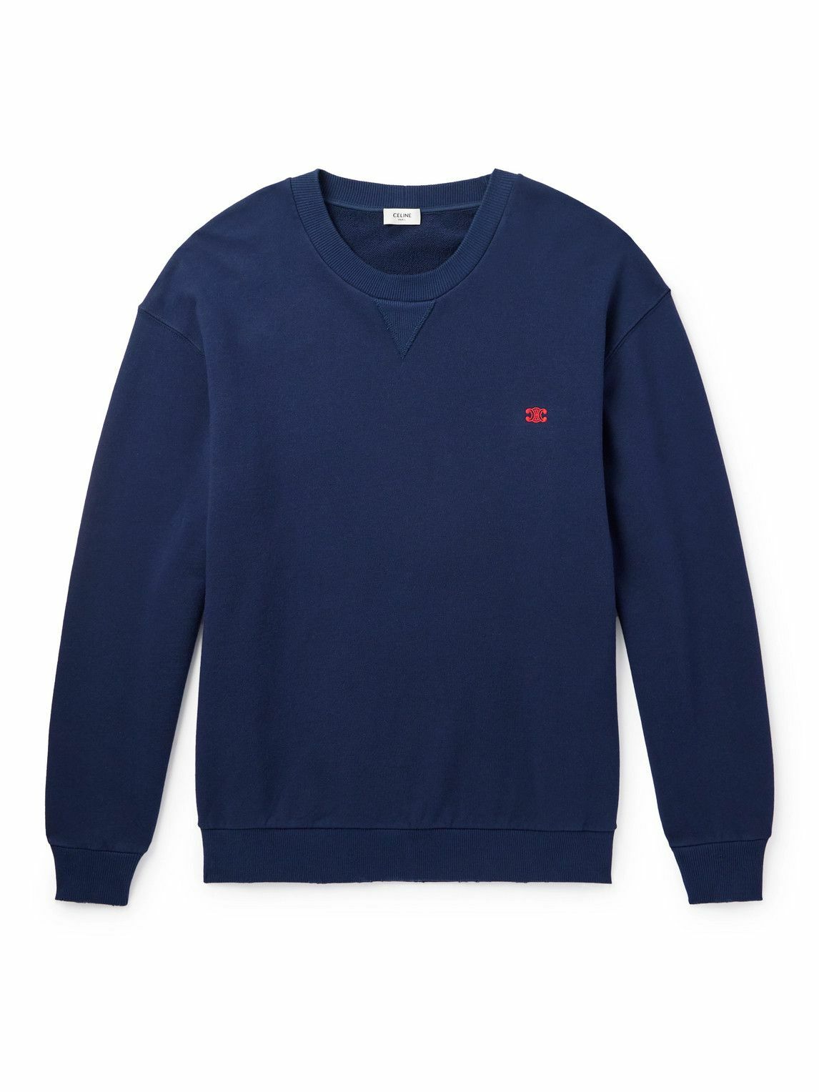 CELINE - Logo-Embroidered Cotton-Jersey Sweatshirt - Blue