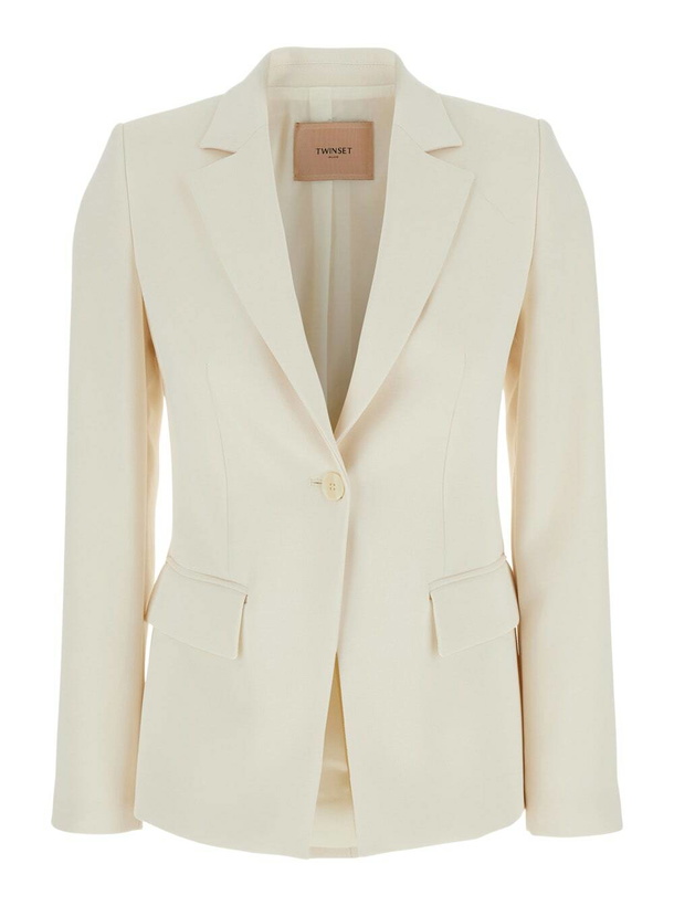 Photo: TwinSet Beige Single-breasted Jacket With Notched Revers In Viscose Blend Stretch Woman