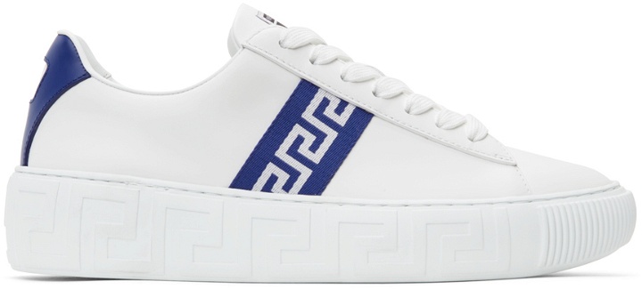 Photo: Versace White & Blue Greca Low-Top Sneakers