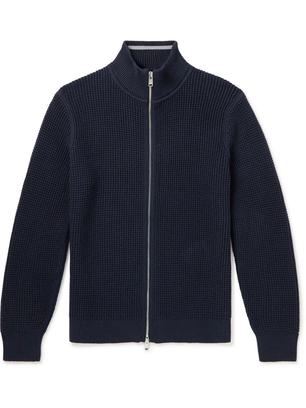 Photo: Theory - Gary Waffle-Knit Cotton and Cashmere-Blend Zip-Up Cardigan - Blue