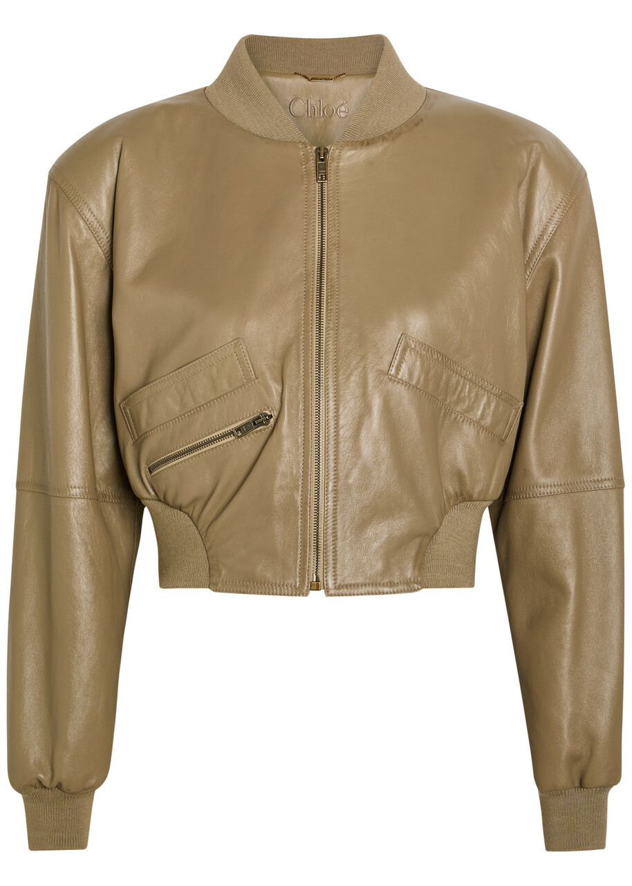 Chloe Sculpted Leather Cropped Bomber Jacket Brown
