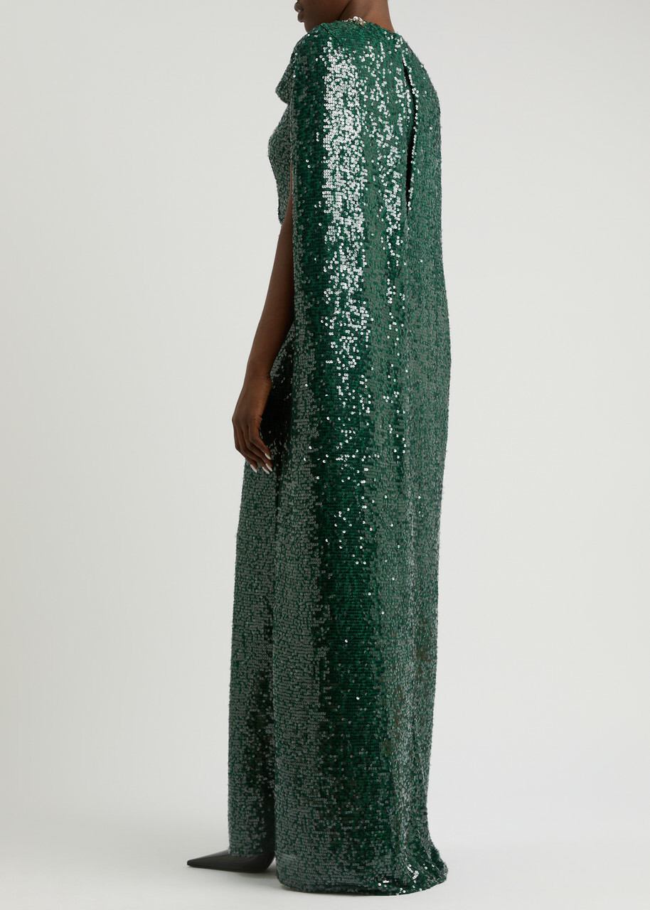 Erdem Sequin-embellished Cape-effect Chiffon Gown Green Dark