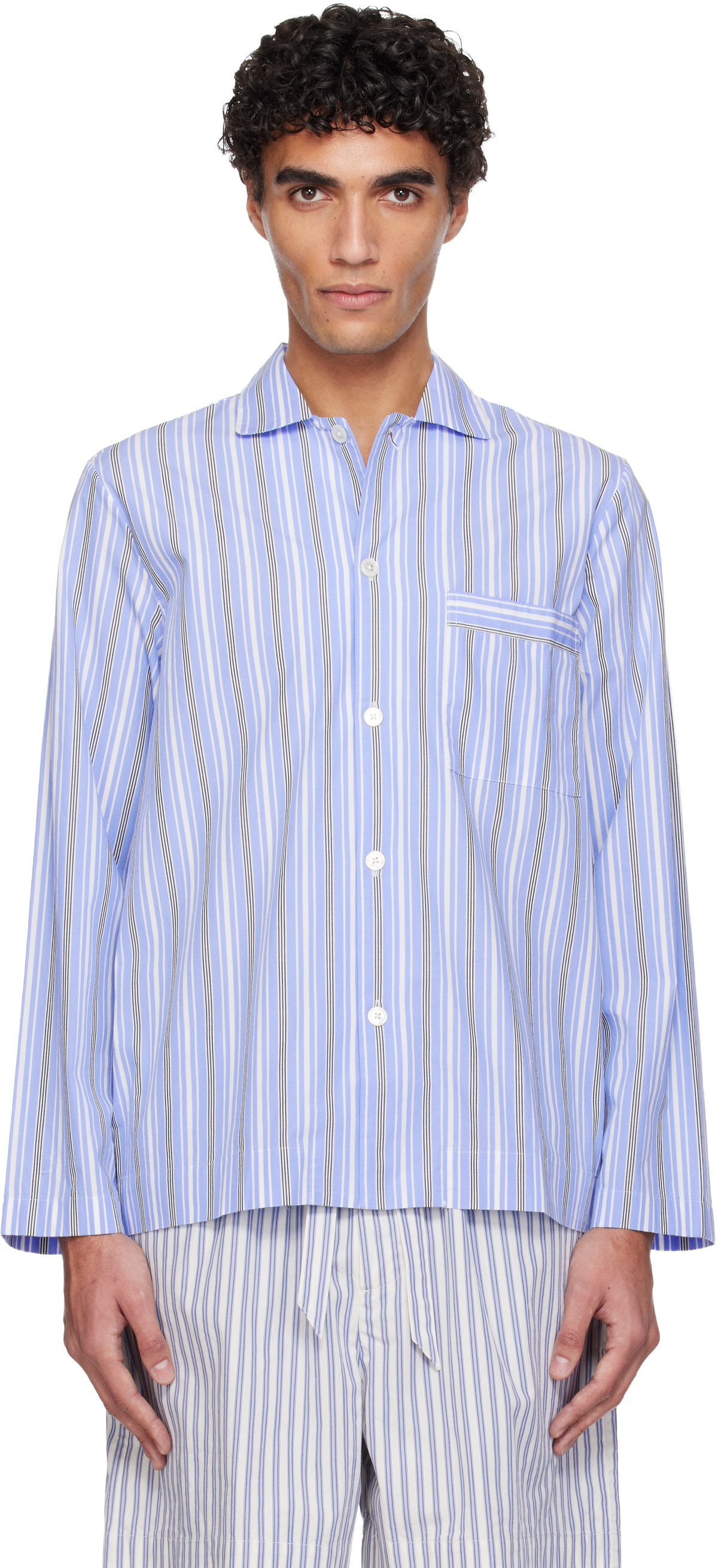 Tekla Blue Poplin Long-Sleeved Pyjama Shirt