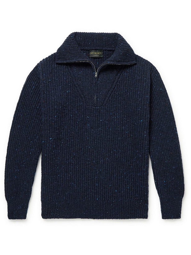 Photo: Purdey - Ribbed Donegal Merino Wool Half-Zip Sweater - Blue