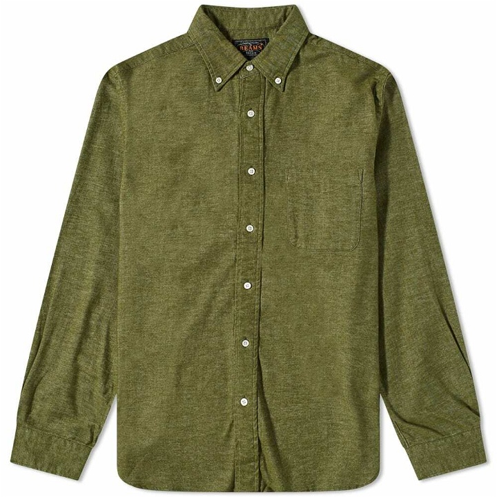 Photo: Beams Plus Men's Button Down Solid Flannel Shirt in Olive