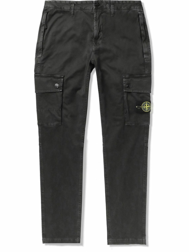Photo: Stone Island - Slim-Fit Garment-Dyed Cotton-Blend Twill Cargo Trousers - Black