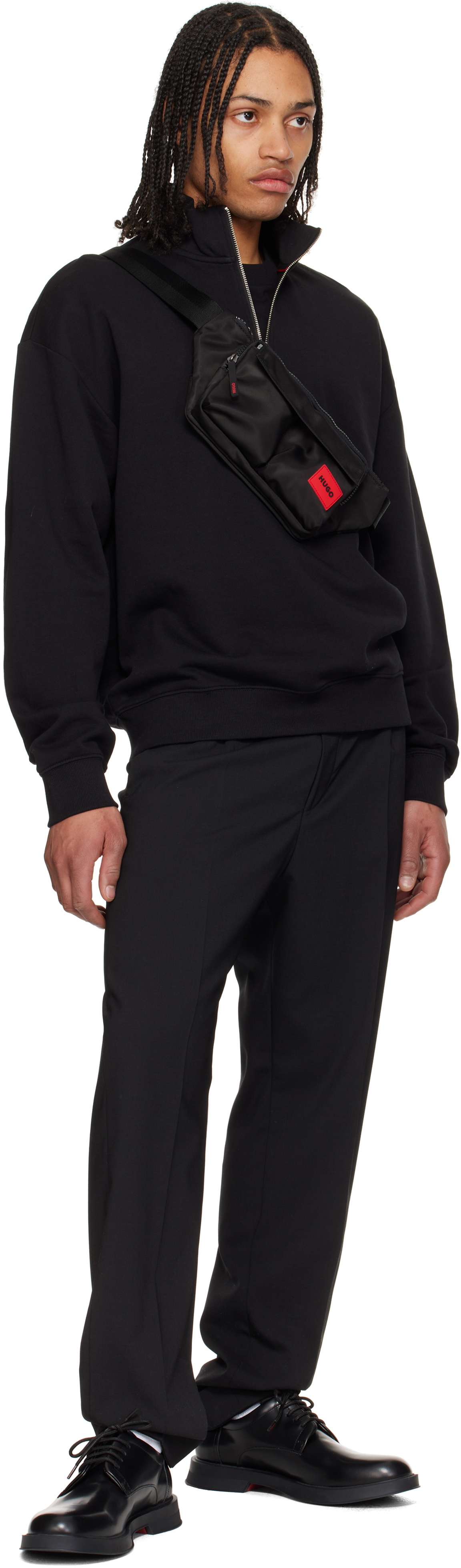 HUGO BOSS｜ (Matte-twill belt bag with double flap pocke HUGO - Matte-twill belt bag with double flap pockets - Black