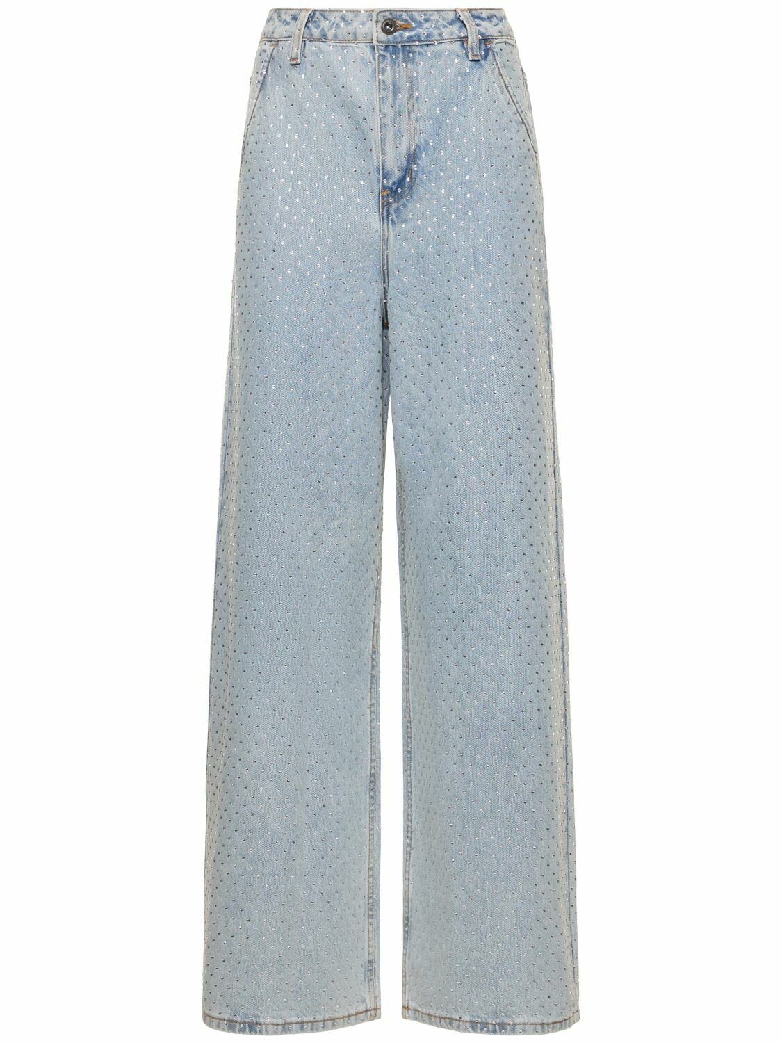 Photo: SELF-PORTRAIT - Embellished Cotton Denim Wide Jeans
