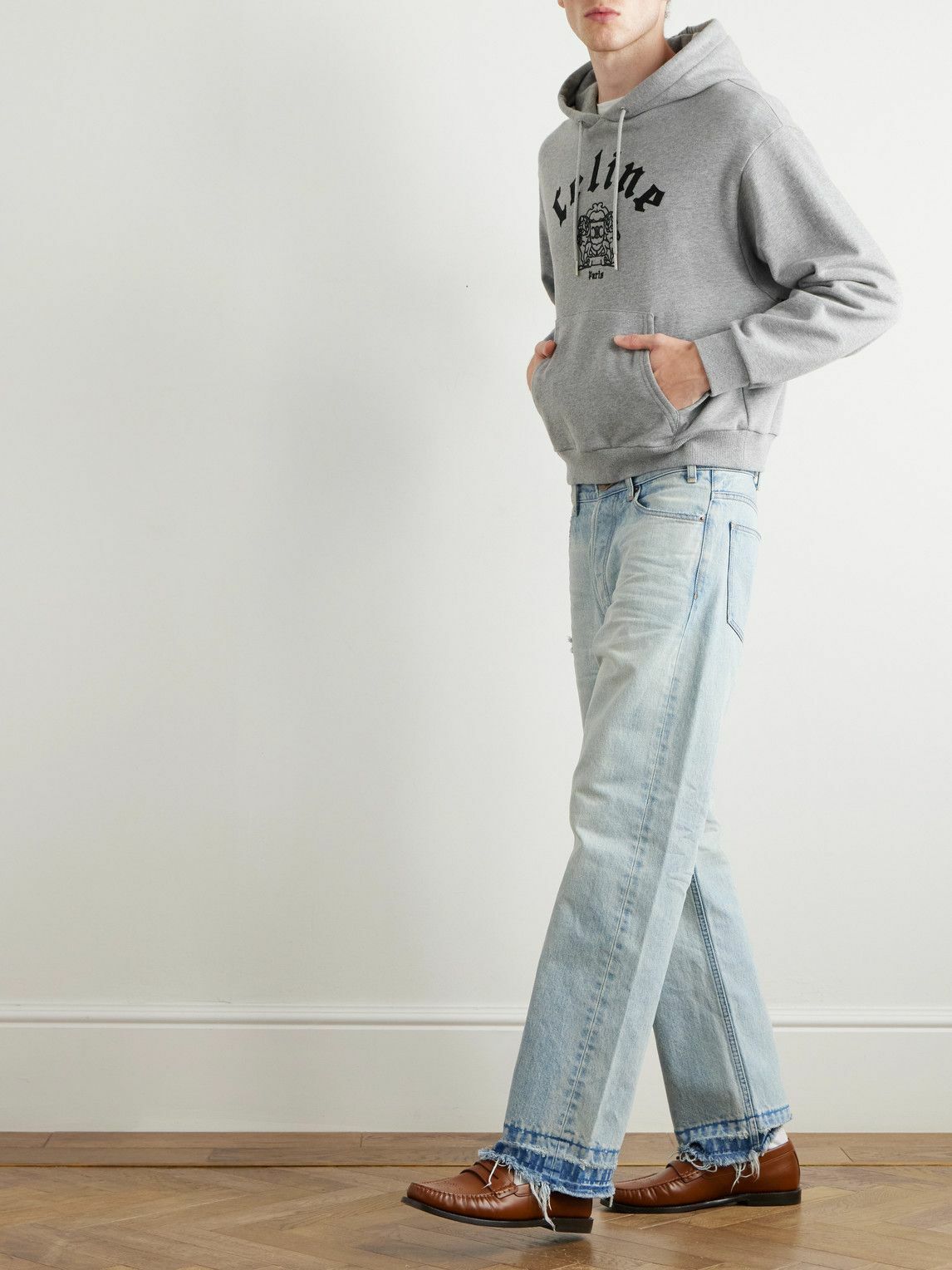 CELINE - Cropped Logo-Embroidered Cotton-Jersey Hoodie - Gray
