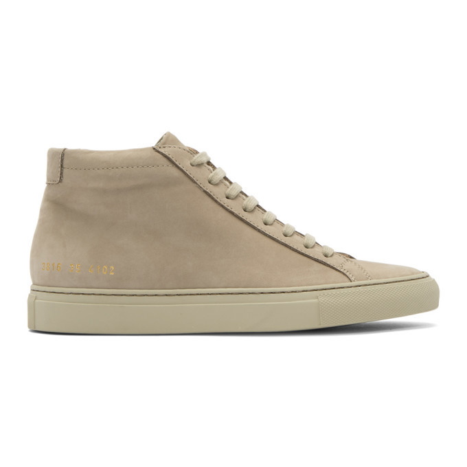 Photo: Woman by Common Projects Beige Nubuck Original Achilles Mid Sneakers