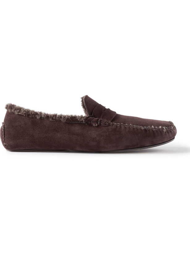 Photo: Manolo Blahnik - Kensington Shearling-Lined Suede Slippers - Brown