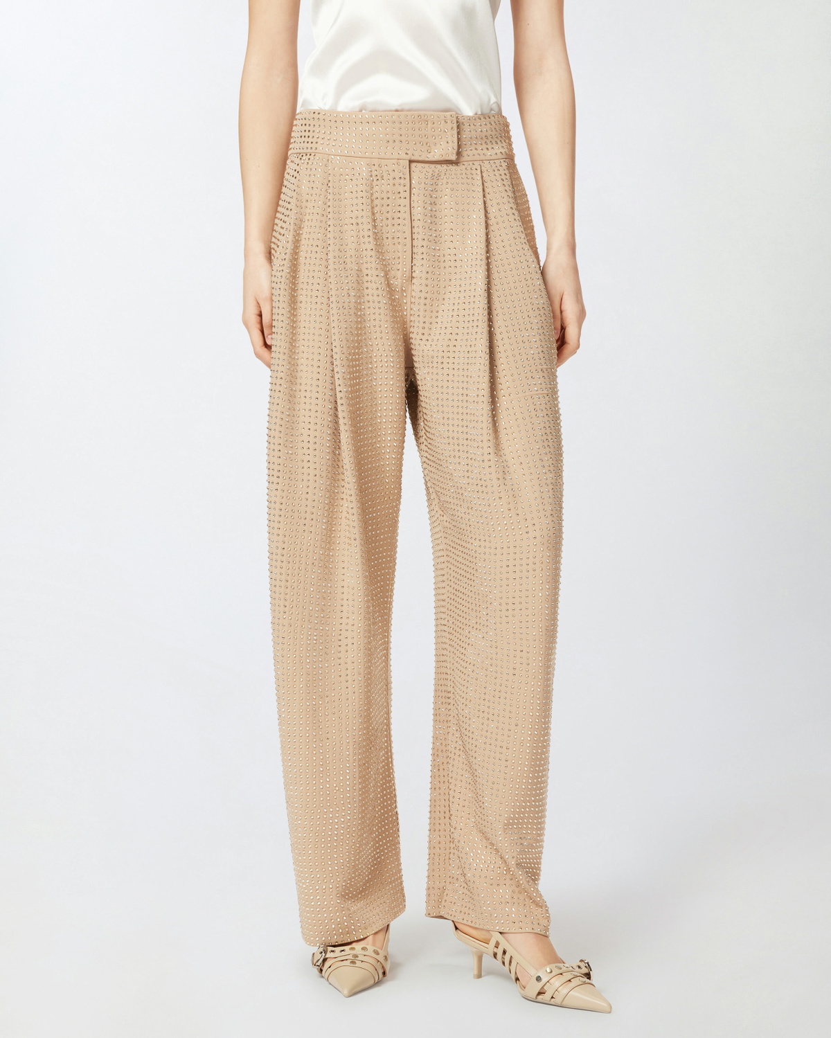 Pinko Wide Full Rhinestone Trousers Warm Taupe Beige