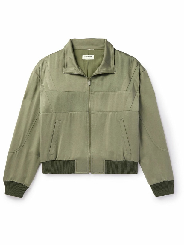 Photo: SAINT LAURENT - Logo-Embroidered Wool-Trimmed Satin Bomber Jacket - Green