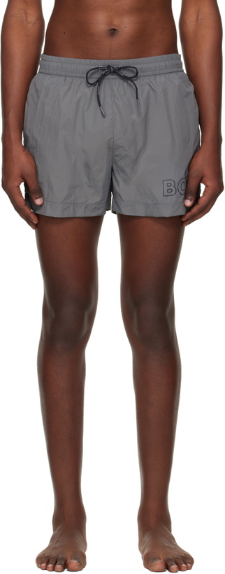 Photo: BOSS Gray Outline Logo Print Swim Shorts