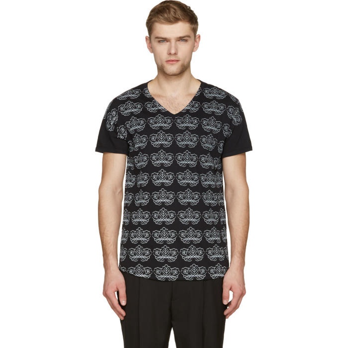 Photo: Ann Demeulemeester Black and Pale Grey Floral Print V-Neck T-Shirt